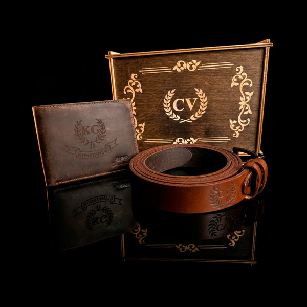 Personalized leather wallet and belt gift set for men with custom initials on box