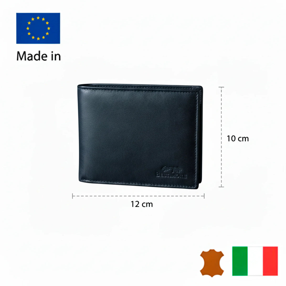 Personalized black leather wallet for men, 12cm by 10cm, stylish leather gift