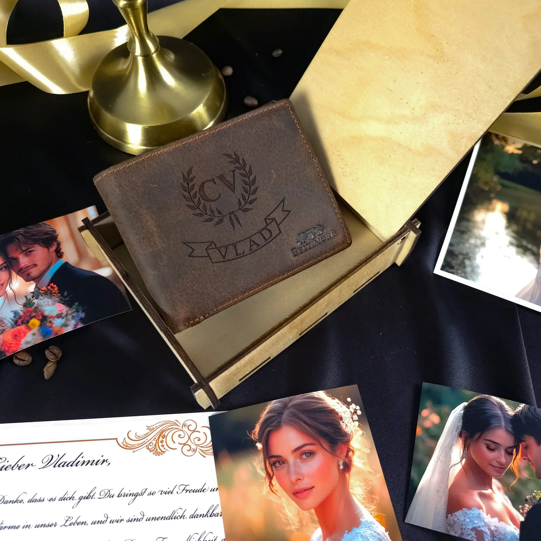 Personalized leather wallet with name VLAD in wooden box, stylish gift for men