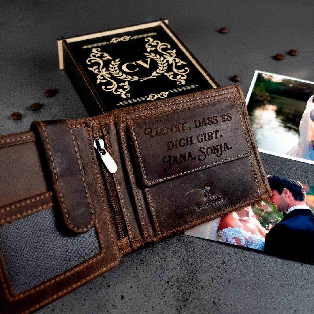 Personalized brown leather wallet with engraved message and matching belt gift set for men