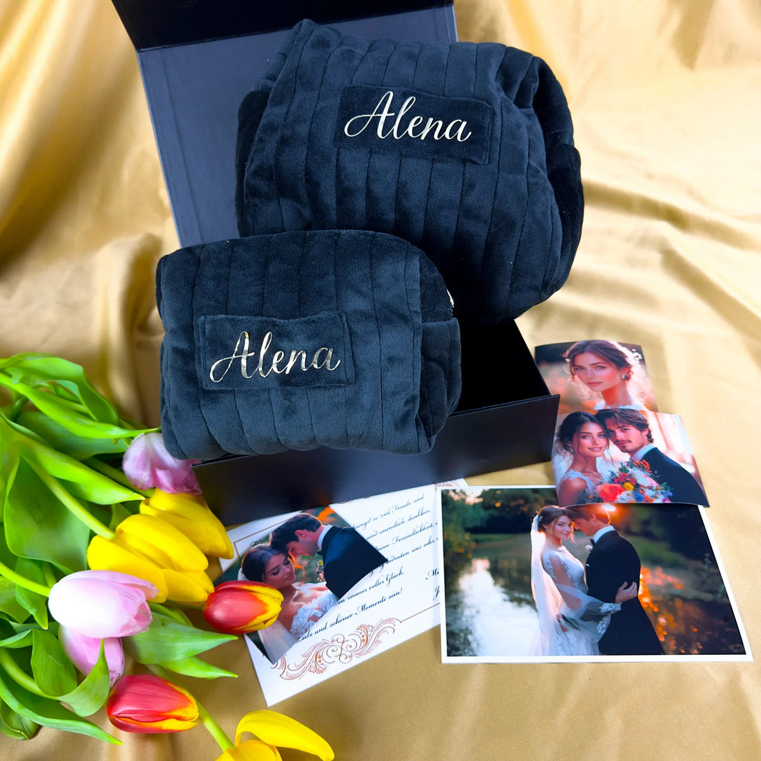 Personalized black leather wallet and belt gift set for men displayed with flowers and wedding photos