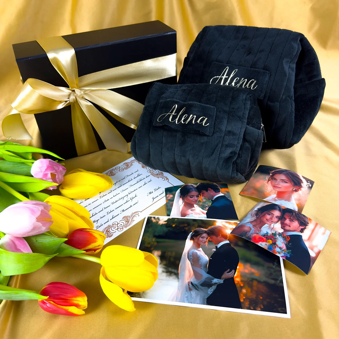 Personalized black leather wallet and belt gift set for men with gold ribbon and tulip flowers