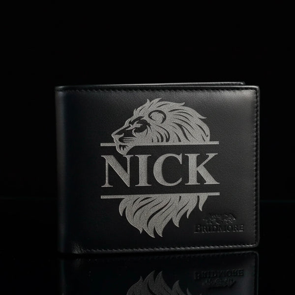 Personalized black leather wallet with lion design and name Nick, men's gift