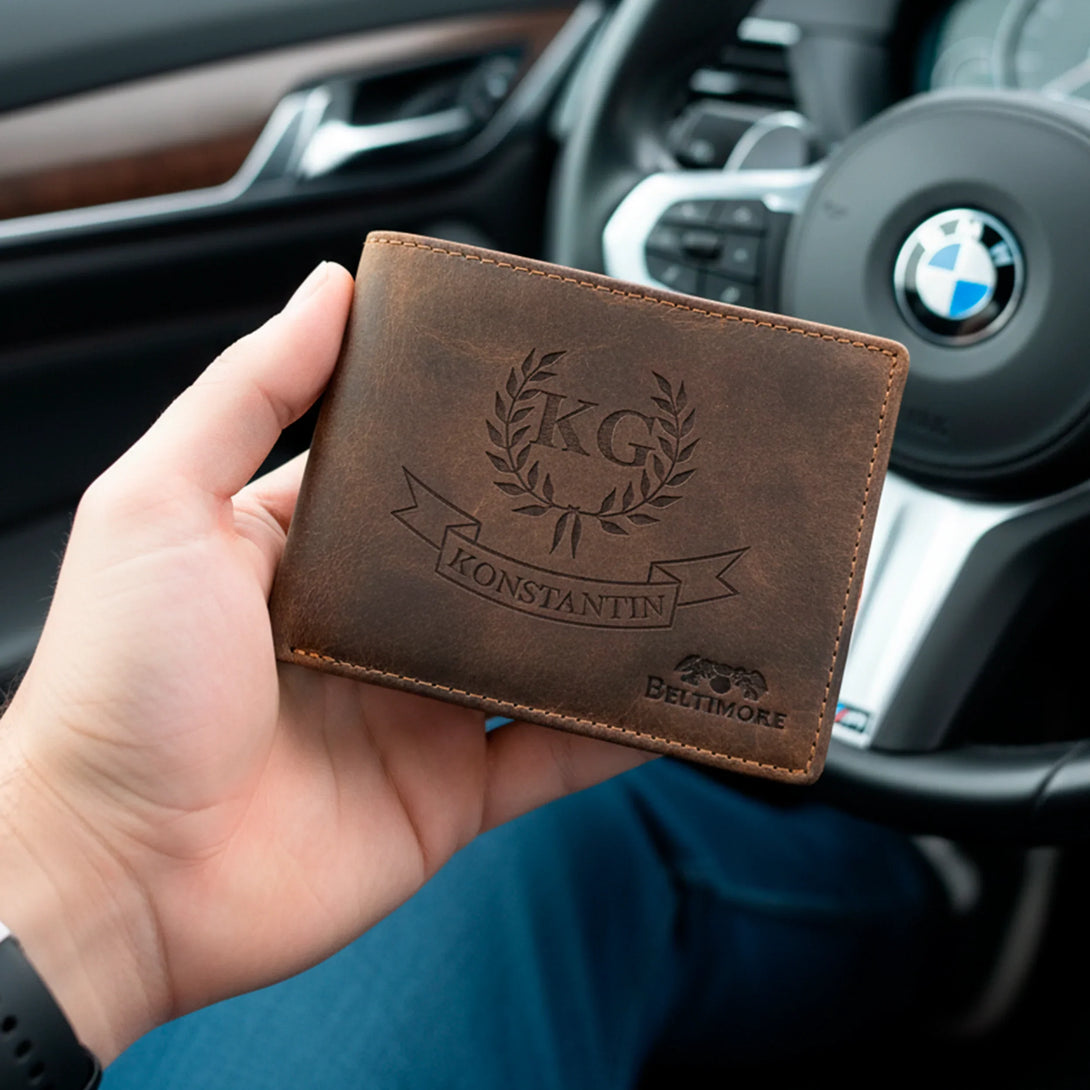 Personalized leather wallet with name and initials, held inside car, men gift