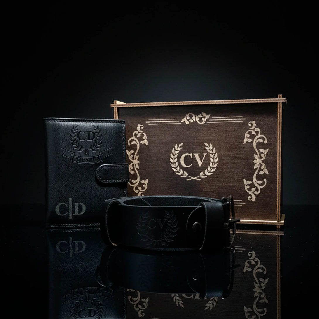Personalized black leather wallet and belt gift set for men with initial monogram and decorative box